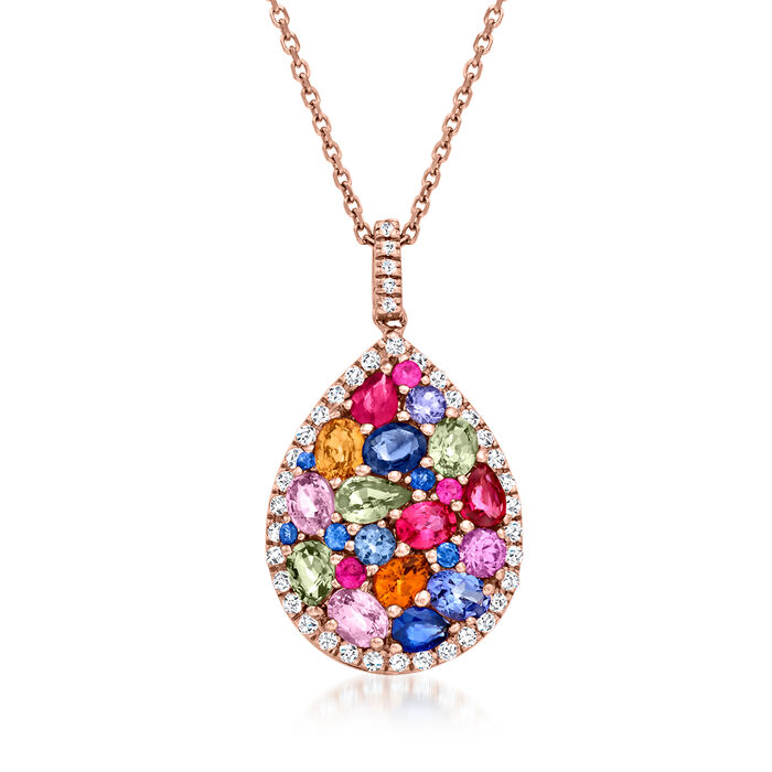 3.20 ct. t.w. Multi-Gem and .29 ct. t.w. Diamond Teardrop Pendant Necklace in 14kt Rose Gold