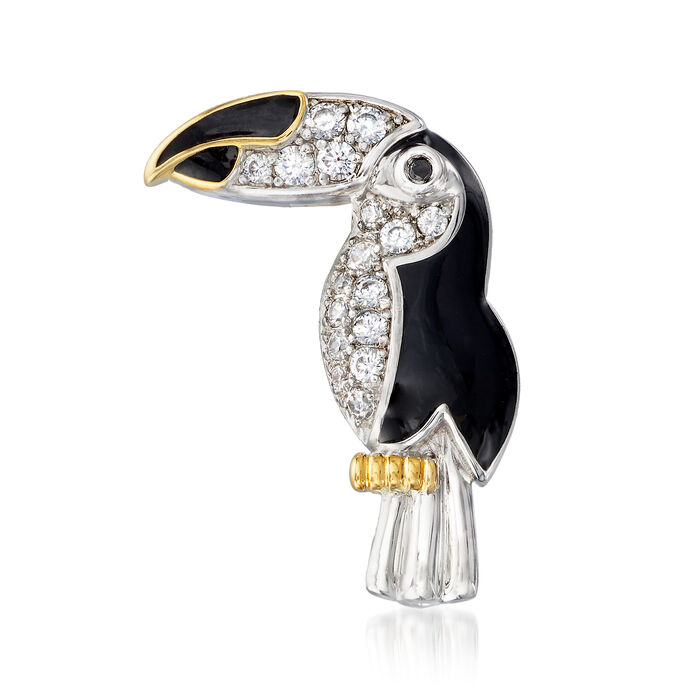 .37 ct. t.w. CZ and Black Enamel Toucan Pin/Pendant in Two-Tone Sterling Silver