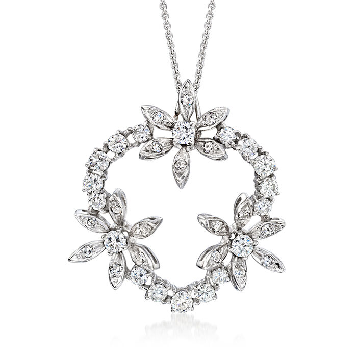C. 1980 Vintage 2.00 ct. t.w. Diamond Flower Wreath Pendant Necklace in 14kt and 18kt White Gold
