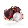 C. 1990 Vintage Mimi Milano 9.5mm Violet Cultured Pearl, 8.06 ct. t.w. Garnet and .30 ct. t.w. White Sapphire Heart Ring in 18kt Rose Gold
