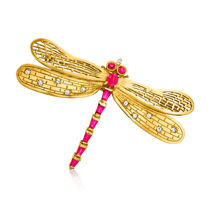 C. 1990 Vintage 1.61 ct. t.w. Ruby and .24 ct. t.w. Diamond Dragonfly Pin/Pendant in 18kt Yellow Gold
