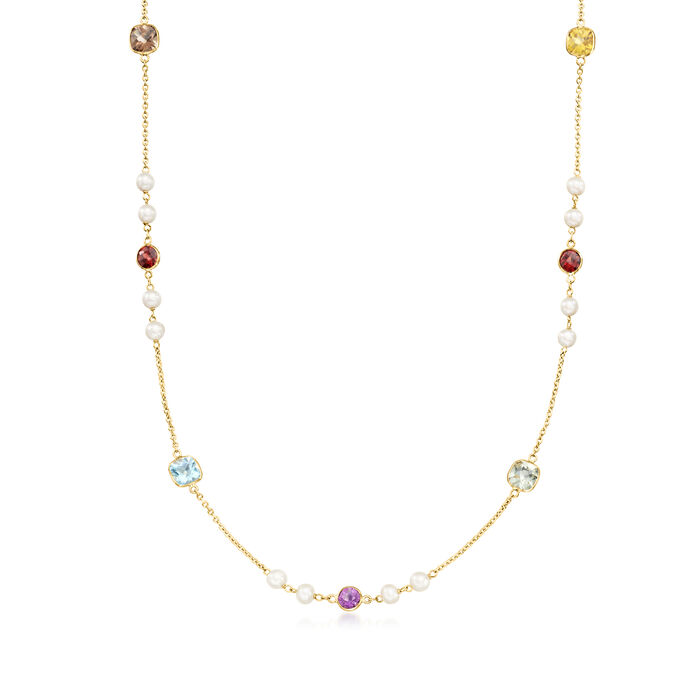 4-4.5mm Cultured Pearl and 5.10 ct. t.w. Multi-Gemstone Station Necklace in 14kt Yellow Gold