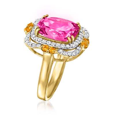 7.25 Carat Pink Topaz Ring with .80 ct. t.w. White Zircon and .20 ct. t.w. Citrine in 18kt Gold Over Sterling