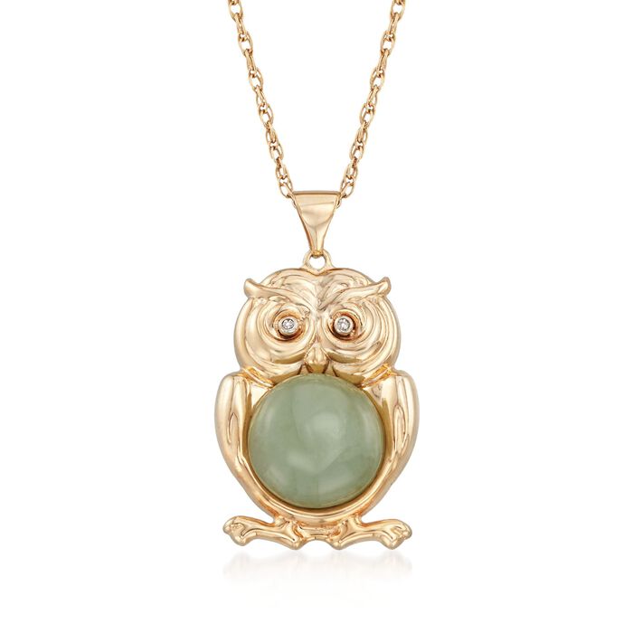 Green Jade Owl Pendant Necklace with Diamond Accents in 18kt Gold Over Sterling