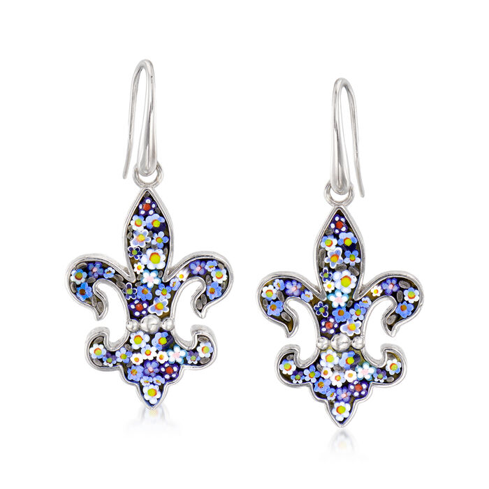 Italian Multicolored Murano Glass Mosaic Florentine Lily Drop Earrings in Sterling Silver