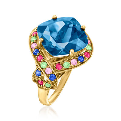 8.00 Carat London Blue Topaz and .50 ct. t.w. Multi-Gemstone Ring in 14kt Yellow Gold