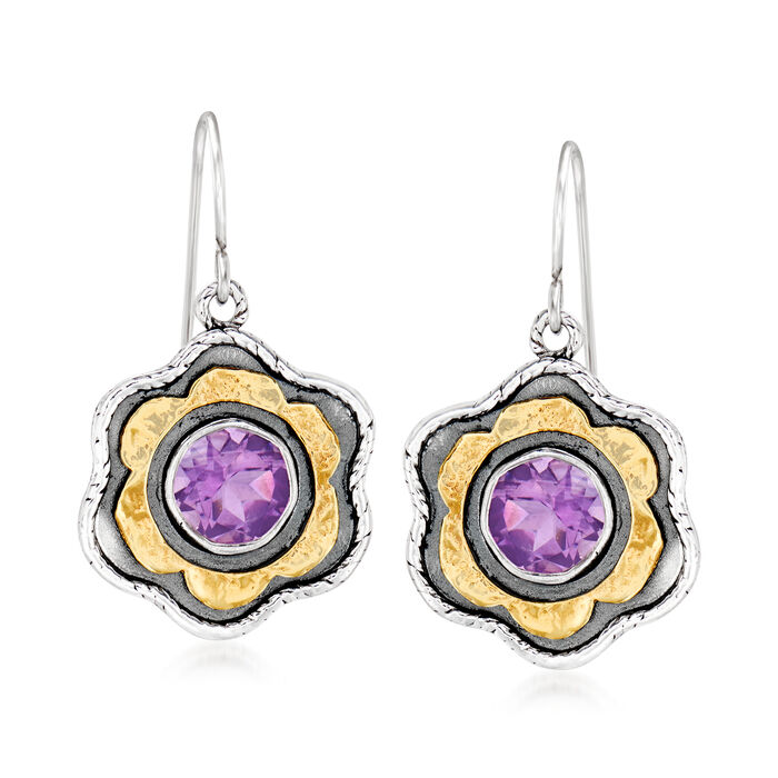 4.00 ct. t.w. Amethyst Flower Drop Earrings in Sterling Silver and 14kt Yellow Gold