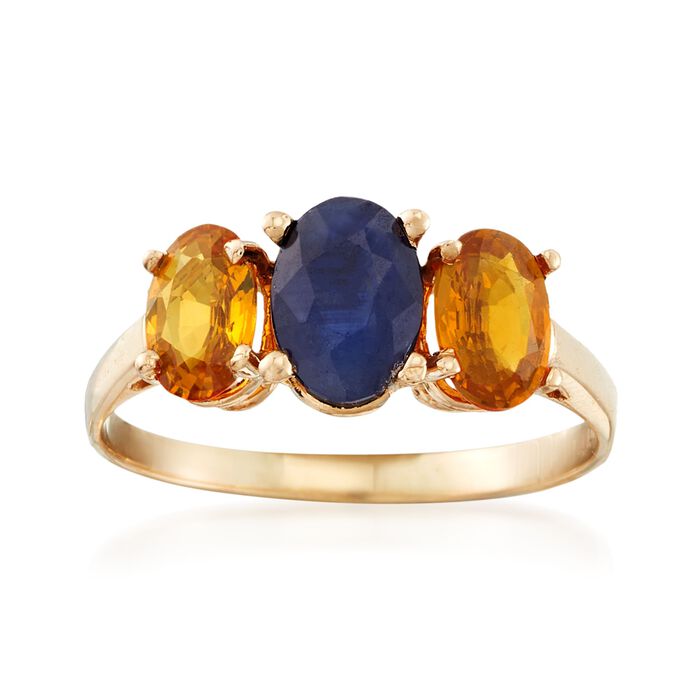 C. 1990 Vintage 1.80 ct. t.w. Blue and Orange Sapphire Three-Stone Ring in 14kt Yellow Gold