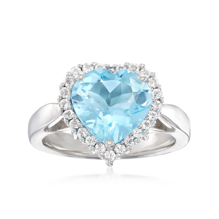 3.90 Carat Swiss Blue Topaz Heart Ring with .50 ct. t.w. White Topaz in Sterling Silver