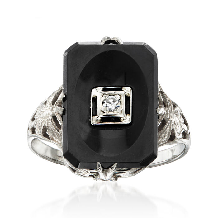 C. 1950 Vintage Onyx Ring with Diamond Accent in 14kt White Gold
