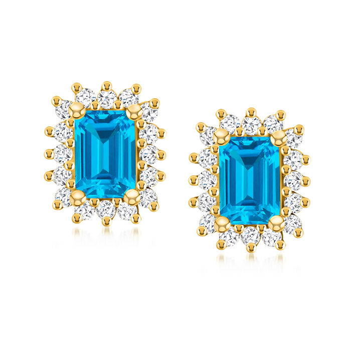 2.60 ct. t.w. Swiss Blue Topaz Earrings with .56 ct. t.w. Diamonds in 14kt Yellow Gold