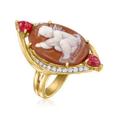 C. 1980 Vintage Brown Shell Cameo Ring with .70 ct. t.w. Rubies and .20 ct. t.w. Diamonds in 18kt Yellow Gold