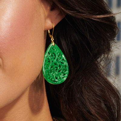 Carved Jade Teardrop Earrings in 18kt Gold Over Sterling