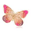 Italian Ceramic Pink and Orange Butterfly Pin in 14kt Yellow Gold