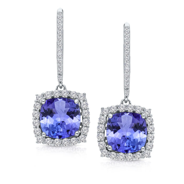 3.00 ct. t.w. Tanzanite and .49 ct. t.w. Diamond Drop Earrings in 14kt White Gold
