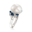 13-13.5mm Cultured Pearl, .70 ct. t.w. Sapphire and .23 ct. t.w. Diamond Ring in 14kt White Gold