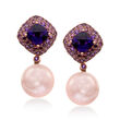 14-15mm Pink Cultured Pearl, 4.80 ct. t.w. Amethyst and 3.00 ct. t.w. Garnet Drop Earrings in 18kt Rose Gold
