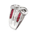 C. 1980 Vintage 1.25 ct. t.w. Ruby and .90 ct. t.w. Diamond Swirl Ring in 14kt White Gold