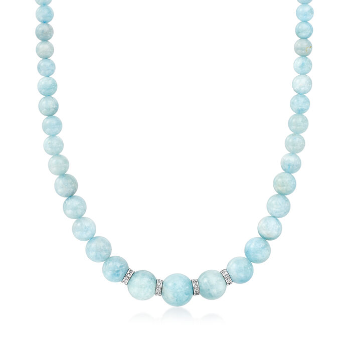 150.00 ct. t.w. Aquamarine Bead Necklace with .24 ct. t.w. Diamonds in Sterling Silver