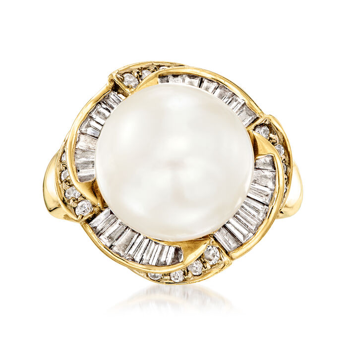 C. 1980 Vintage 11.5mm Cultured Pearl and .70 ct. t.w. Diamond Ring in 18kt Yellow Gold