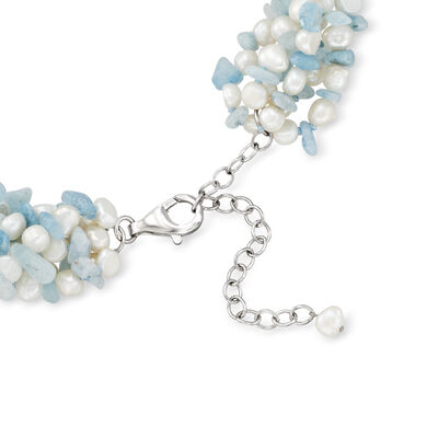 Aquamarine Bead and 5-6mm Cultured Pearl Torsade Necklace with Sterling Silver