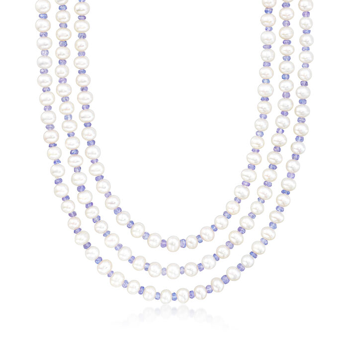 6-7mm Cultured Pearl and 60.00 ct. t.w. Tanzanite Bead Endless Necklace