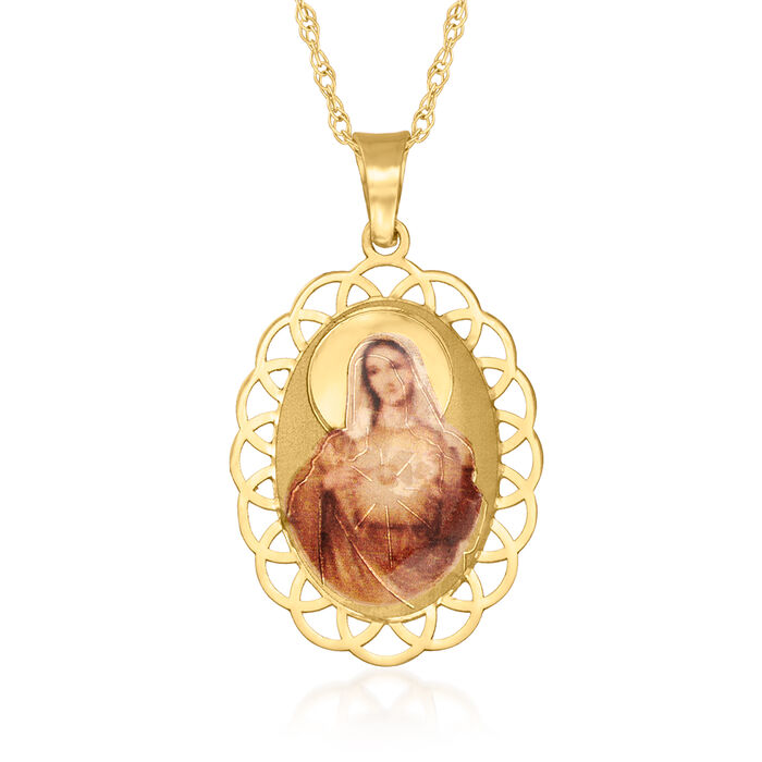 14kt Yellow Gold Immaculate Heart of Mary Pendant Necklace with Multicolored Enamel