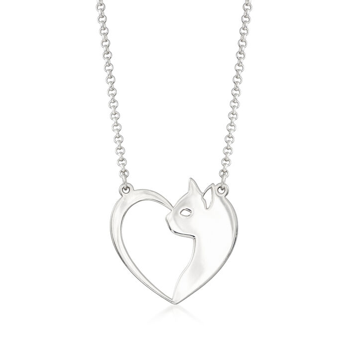 Sterling Silver Cat and Heart Necklace