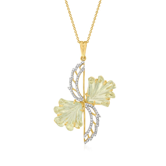 C. 2000 Vintage 10.92 ct. t.w. Green Quartz and .40 ct. t.w. Diamond Flower Pendant Necklace in 14kt Yellow Gold
