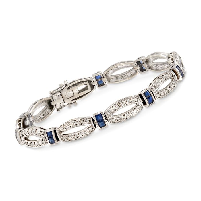 C. 1980 Vintage 1.25 ct. t.w. Sapphire and 1.20 ct. t.w. Diamond Oval-Link Bracelet in 14kt White Gold