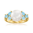 9.5-10mm Cultured Pearl and .80 ct. t.w. Sky Blue Topaz Ring with Diamond Accents in 18kt Gold Over Sterling