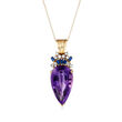 C. 1970 Vintage 34.29 Carat Amethyst, .75 ct. t.w. Sapphire and .70 ct. t.w. Diamond Pendant Necklace in 14kt Yellow Gold
