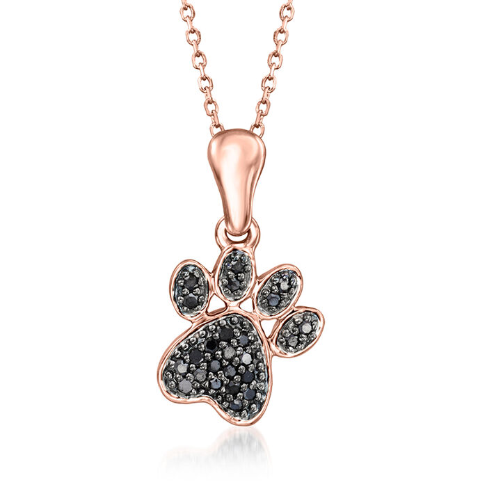 Black Diamond-Accented Paw Print Pendant Necklace in 14kt Rose Gold