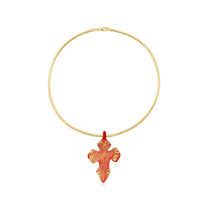 Italian Red Murano Glass with Gold Foil Cross Pendant Necklace in 18kt Gold Over Sterling