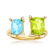 C. 1990 Vintage 3.00 Carat Peridot and 1.80 Carat Swiss Blue Topaz Open-Space Ring with Diamond Accents in 14kt Yellow Gold
