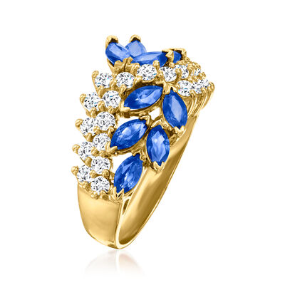 2.00 ct. t.w. Sapphire and .92 ct. t.w. Diamond Leaf Ring in 14kt Yellow Gold