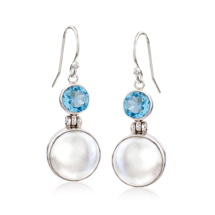 2.90 ct. t.w. Blue Topaz and 13mm Cultured Mabe Pearl Drop Earrings in Sterling Silver