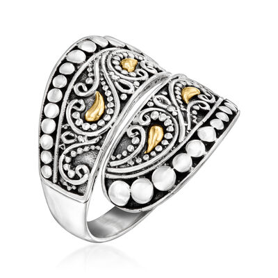 Sterling Silver and 18kt Yellow Gold Bali-Style Bypass Ring