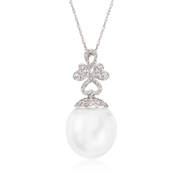14.5mm Cultured South Sea Pearl and .35 ct. t.w. Diamond Pendant Necklace in 18kt White Gold