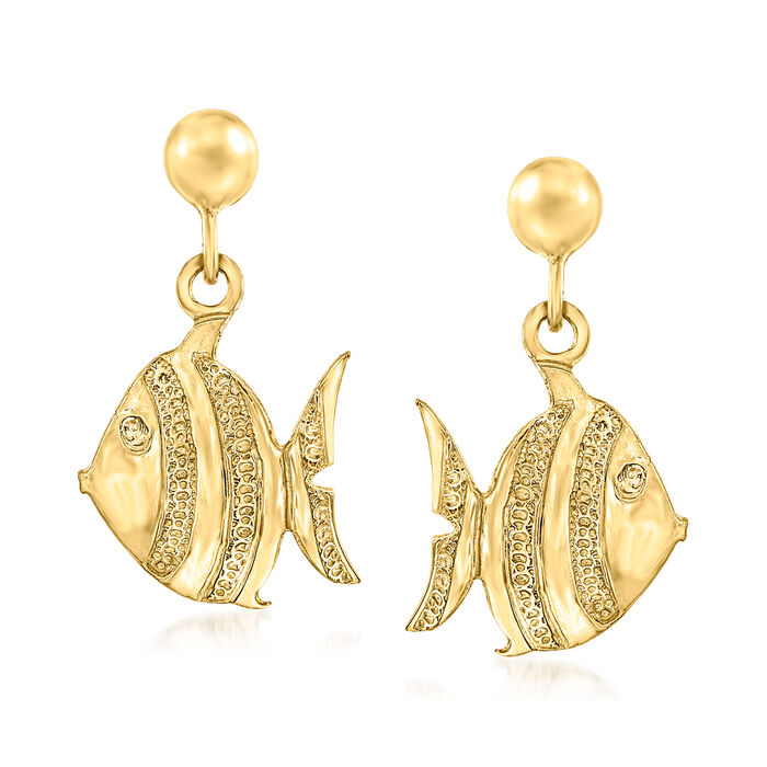 14kt Yellow Gold Textured and Polished Fish Drop Earrings