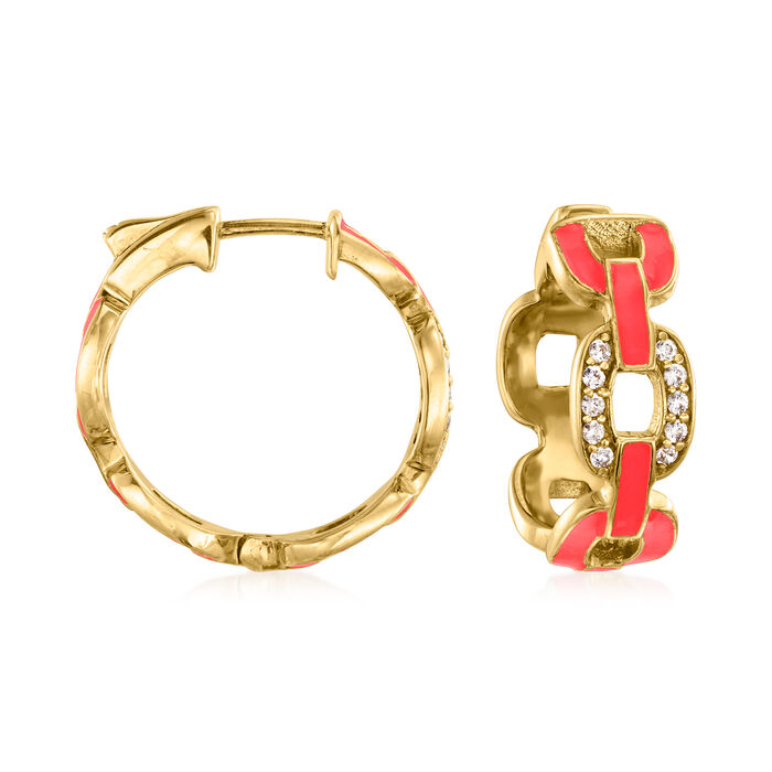 Pink Enamel and .20 ct. t.w. White Zircon Link Hoop Earrings in 18kt Gold Over Sterling