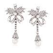 C. 1980 Vintage Cultured Pearl and 2.60 ct. t.w. Diamond Floral Drop Earrings in Sterling Silver