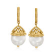 11-11.5mm Cultured Pearl and .20 ct. t.w. White Topaz Hoop Drop Earrings in 18kt Gold Over Sterling
