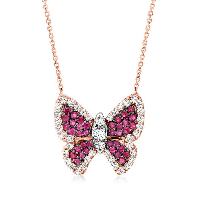 1.00 ct. t.w. Ruby and .78 ct. t.w. Diamond Butterfly Necklace in 14kt Rose Gold