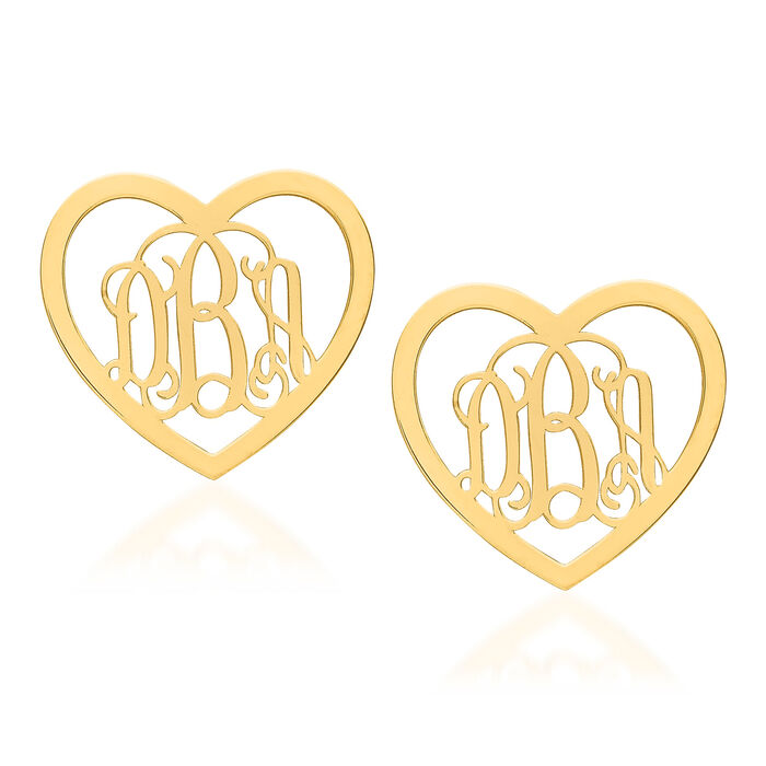 14kt Yellow Gold Medium Laser Polished Heart Monogram Post Earrings