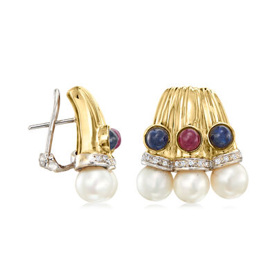 C. 1980 Vintage 7.5mm Cultured Pearl and 2.70 ct. t.w. Multi-Gemstone Earrings with .20 ct. t.w. Diamonds in 18kt Yellow Gold