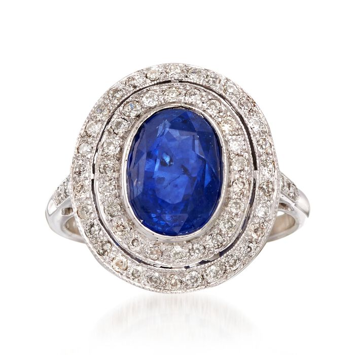 C. 1990 Vintage 3.50 Carat Sapphire and .60 ct. t.w. Diamond Double Halo Ring in 18kt White Gold