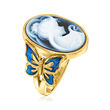 Italian Blue Agate Cameo Ring with Blue Enamel in 18kt Gold Over Sterling