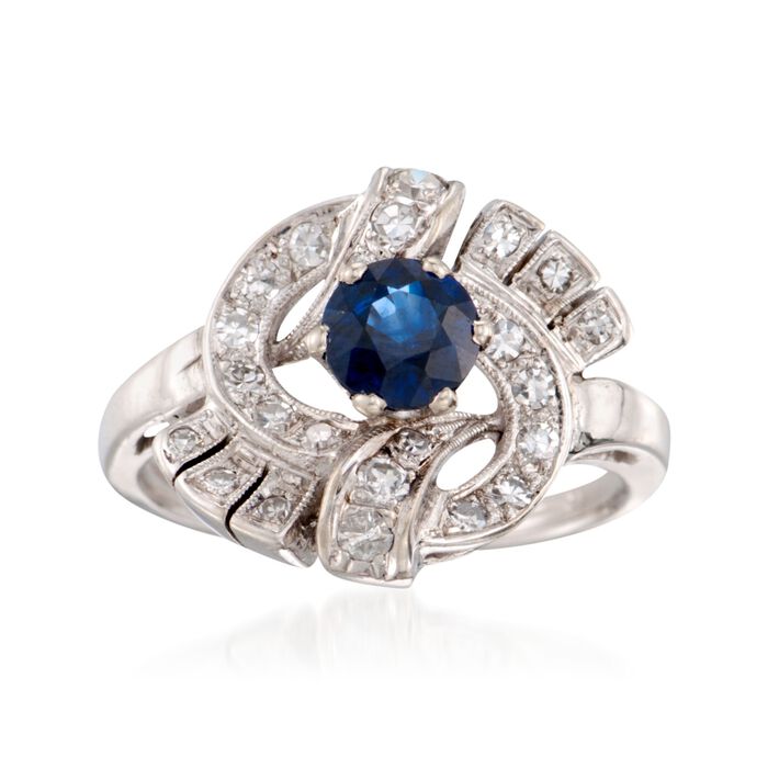 C. 1980 Vintage .70 Carat Sapphire and .35 ct. t.w. Diamond Swirl Ring in 14kt White Gold