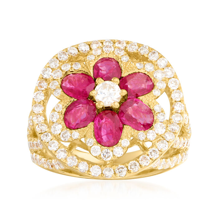 C. 1990 Vintage 2.25 ct. t.w. Ruby and 1.80 ct. t.w. Diamond Flower Ring in 18kt Yellow Gold